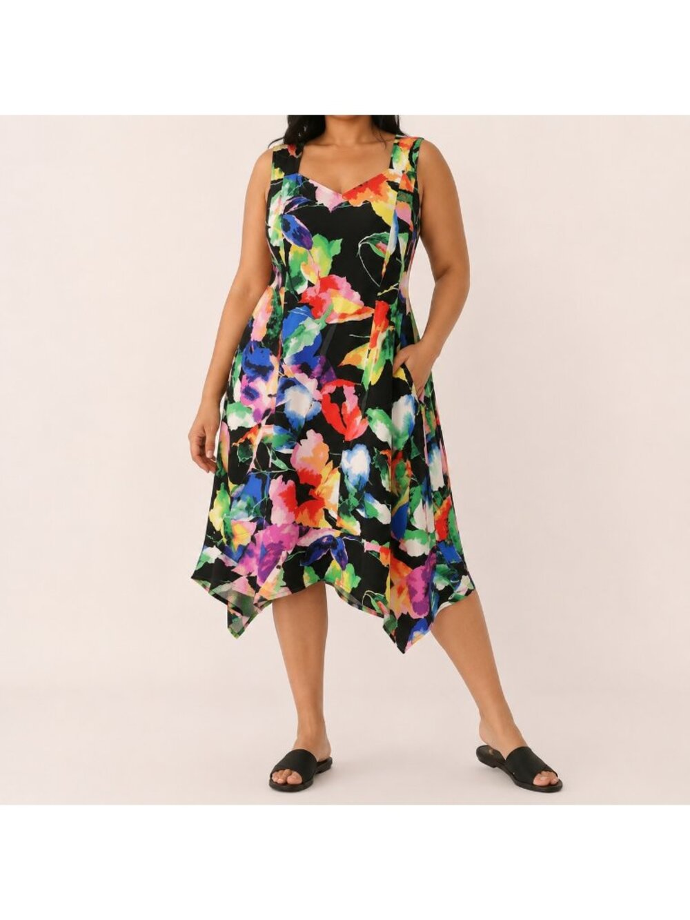 Marallis Black Floral Tank Dress with Pockets - XXL